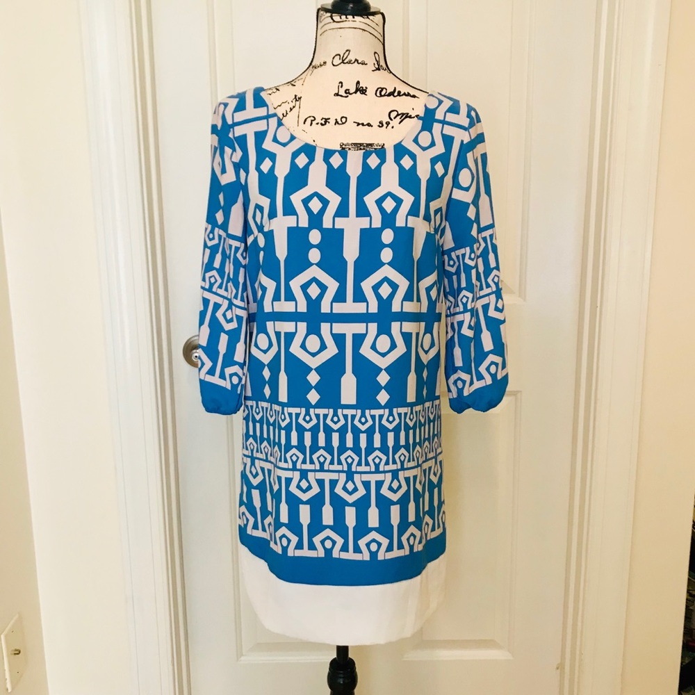 Pink Owl Blue & White Tunic Chic Dress SZ M